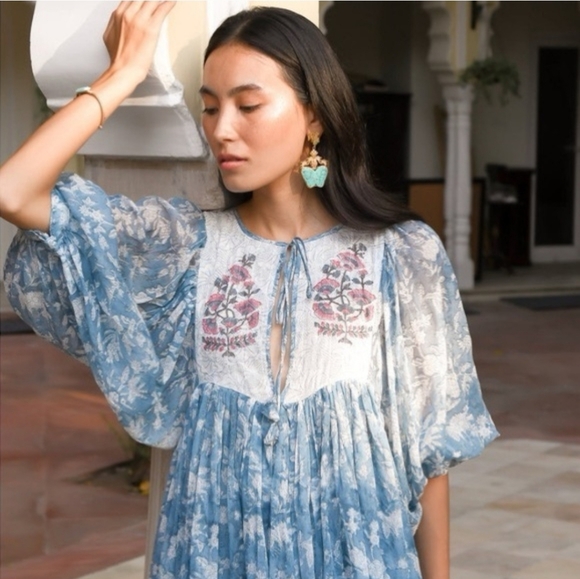 Daughters of India Jaya Mini Dress in Juniper Floral Blue Dress Size XL - Picture 6 of 16